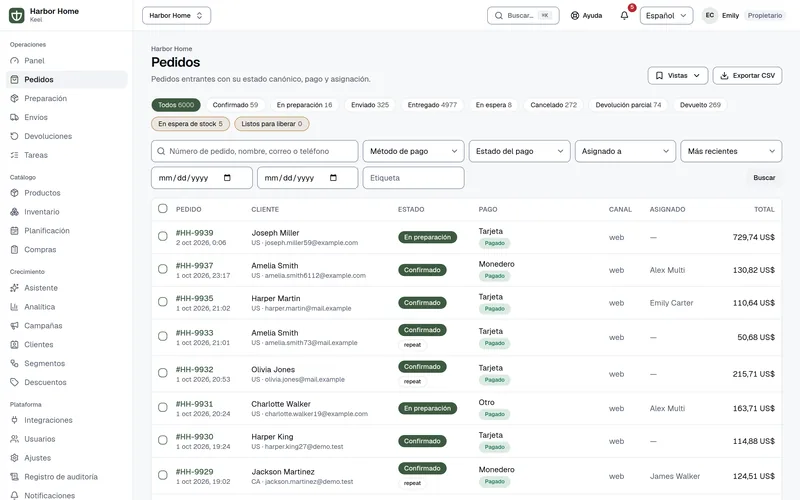 Lista de pedidos en Keel: cada pedido con su estado canónico, método y estado del pago, canal, responsable y total