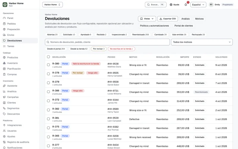 Página de devoluciones en Keel: solicitudes con pedido, motivo, resolución, importe y estado del flujo